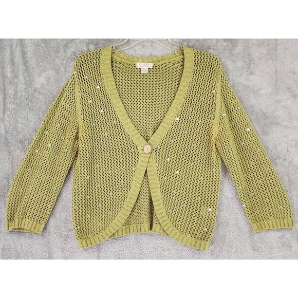 Christopher & Banks Sweaters - Christopher & Banks Sweater Large Green Sequined Open Knit Grannycore One Button